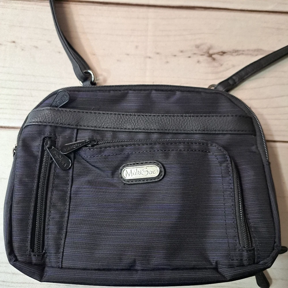 Multisac Black And Blue Pin Stripe Crossbody Purse Lots Of Pockets